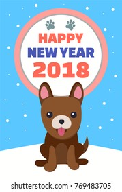 Happy New Year 2018, promotional banner with dog sitting and sticking out tongue, lettering in circle, vector illustration, isolated on blue