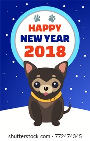 Happy New Year 2018, promotional placard and colorful lettering in rounded frame, dog sitting below, vector illustration isolated on blue background