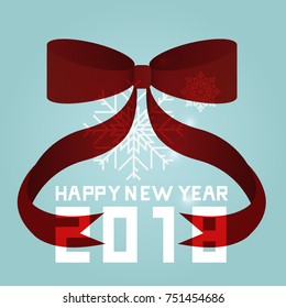 Happy New Year 2018 with red ribbon and snowflakes on blue background