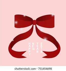 Happy New Year 2018 with red ribbon and snowflakes on pink background