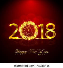 Happy New Year 2018. Red Background with golden sparkling texture. Gold Numbers 1, 2, 8 with golden clock.. Vector Illustration for holiday greeting card, invitation, calendar poster banner