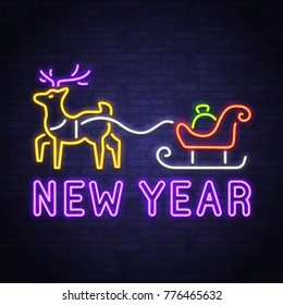 Happy New year 2018. Reindeer and sleigh. Neon sign. Night party. Logo. Banner. merry Christmas. Cute reindeer with sleigh Santa Claus and gifts. A bag with gifts. Vector image