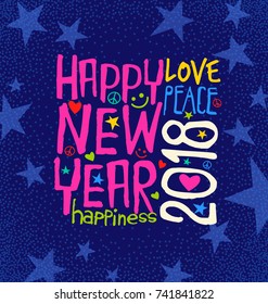 Happy New Year 2018 retro design with inspiring handwritten typography on blue background with stars