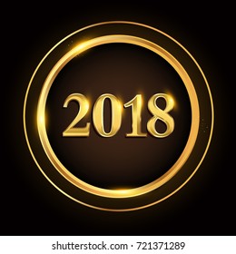Happy New Year 2018 with ring isolated on black background, text design gold colored, vector elements for calendar and greeting card.