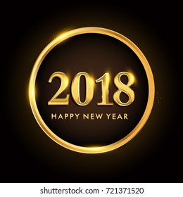 Happy New Year 2018 with ring isolated on black background, text design gold colored, vector elements for calendar and greeting card.