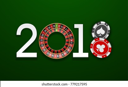 Happy New Year 2018 Roulette Game & two chips background. Greeting card 2018 Roulette Game & two chips flyer. poker casino of date 2018 year view from above banner. Celebrate poker casino brochure