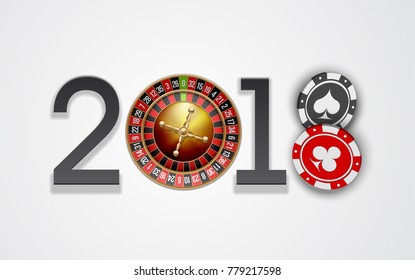 Happy New Year 2018 Roulette Game & two chips background. Greeting card 2018 Roulette Game & two chips flyer. poker casino of date 2018 year view from above banner. Celebrate poker casino brochure