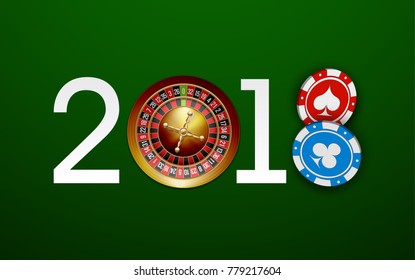Happy New Year 2018 Roulette Game & two chips background. Greeting card 2018 Roulette Game & two chips flyer. poker casino of date 2018 year view from above banner. Celebrate poker casino brochure