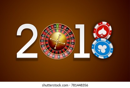 Happy New Year 2018 Roulette Game & two chips background. Greeting card 2018 Roulette Game & two chips flyer. poker casino of date 2018 year view from above banner. Celebrate poker casino brochure
