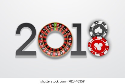 Happy New Year 2018 Roulette Game & two chips background. Greeting card 2018 Roulette Game & two chips flyer. poker casino of date 2018 year view from above banner. Celebrate poker casino brochure