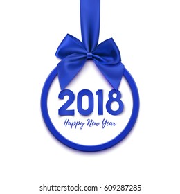Happy New Year 2018 round banner with purple ribbon and bow, isolated on white background. Christmas tree decoration. Greeting card, brochure, poster or flyer template. template. Vector illustration.