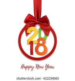 Happy New Year 2018 round banner with red ribbon and bow, isolated on white background. Colorful Christmas tree decoration. Greeting card, flyer, poster or brochure template. Vector illustration.