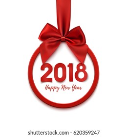 Happy New Year 2018 round banner with red ribbon and bow, on white background. Christmas tree decoration. Greeting card, brochure, poster or flyer template. Vector illustration.