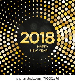 Happy New Year 2018 round golden shimmer background made of abstract spangles for your greeting card design