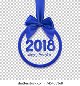 Happy New Year 2018 round banner with purple ribbon and bow,  on transparent background. Christmas tree decoration. Greeting card template. Vector illustration. 