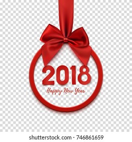 Happy New Year 2018 round banner with red ribbon and bow. Christmas tree decoration. Greeting card template. Vector illustration.