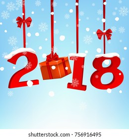 Happy New Year 2018 round banner with red ribbon and bow, on white background. Christmas tree decoration. Greeting card, brochure, poster or flyer template.