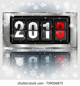 Happy New Year 2018 scoreboard vector realistic illustration. Mechanical clock design for greeting card