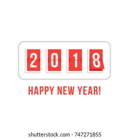 happy new year with 2018 scoreboard. flat retro style trend logotype graphic design isolated on white background. concept of coming soon changing numbers on countdown or digit flip analog clock logo