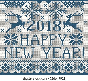 Happy New Year 2018 seamless blue pattern. Scandinavian style knitted seamless pattern with deer and snowflakes. Sweater with deers.