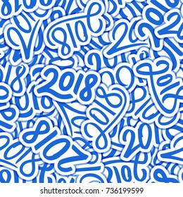 Happy New Year 2018. Seamless pattern with blue color different shape calligraphic numbers 2018 on white stickers. Decoration element for chinese Year of the Dog. Vector illustration