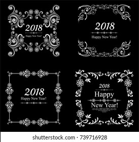 Happy new year 2018! Set of decorative Christmas frames and labels. Celebration background with snowflake, star and place for your text. Vector Illustration