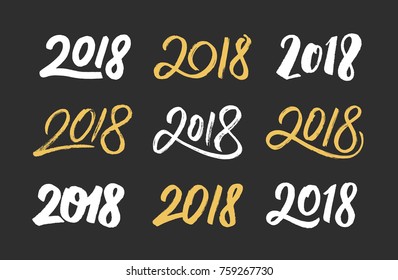 Happy New Year 2018. Set of hand drawn script numbers in white and gold color for Chinese for Year of the Dog. Vector illustration.