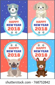 Happy New Year 2018, set of banners with letterings in circles that serve as frames, dogs with happy expression on faces vector illustration