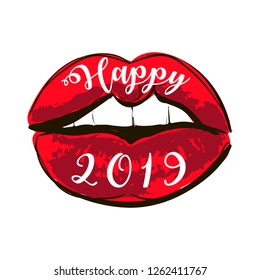 Happy New Year 2018, shining red lips with bright glitter and golden inscription Happy 2018 on a white background. Vector illustration