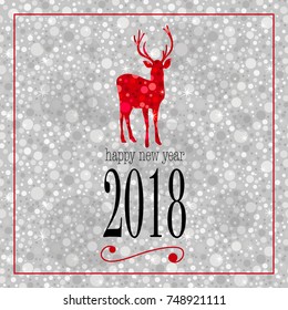 Happy new year 2018 silver card with  glitter red reindeer for holiday