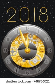 Happy new year 2018 silver golden logo icon. Vector poster with clock, balloons. Abstract holiday design template. Vintage symbols, swirls pattern, text lettering banner. Black night sky background