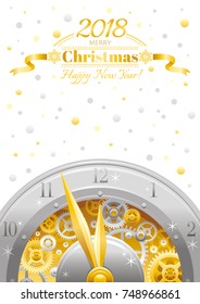Happy new year 2018 silver golden logo icon. Vector poster with clock, balloons. Abstract holiday design template. Vintage symbols, swirls pattern, text lettering banner. White snow sky background