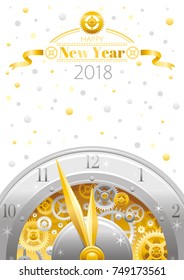 Happy new year 2018 silver golden logo icon. Vector poster with clock, balloons. Abstract holiday design template. Vintage symbols, swirls pattern, text lettering banner. White snow sky background