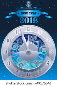 Happy new year 2018 silver golden logo icon. Vector poster with clock, balloons. Abstract holiday design template. Vintage symbols, swirls pattern, text lettering banner. Blue night sky background