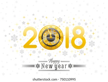 Happy new year 2018 silver golden logo icon. Vector poster with clock, gear mechanism. Abstract holiday design template. Vintage symbols, swirls pattern, text lettering banner. White sky background