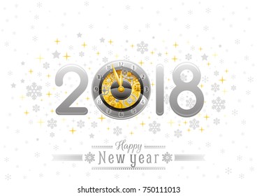 Happy new year 2018 silver golden logo icon. Vector poster with clock, gear mechanism. Abstract holiday design template. Vintage symbols, swirls pattern, text lettering banner. White sky background