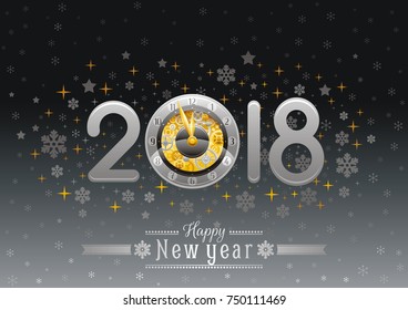 Happy new year 2018 silver golden logo icon. Vector poster with clock, gear mechanism. Abstract holiday design template. Vintage symbols, swirls pattern, text lettering banner. Black sky background