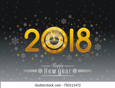 Happy new year 2018 silver golden logo icon. Vector poster with clock, gear mechanism. Abstract holiday design template. Vintage symbols, swirls pattern, text lettering banner. Black sky background