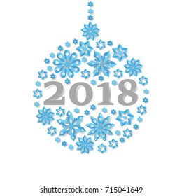 Happy New Year  2018 snowflake christmas ball holiday congratulation card.  Art vector illustration.