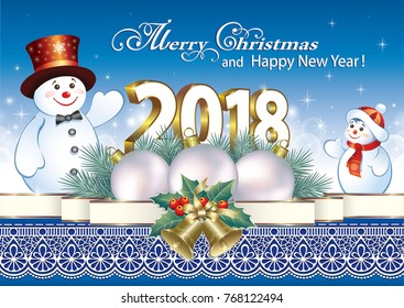 Happy New Year 2018 with snowmen, ball and ribbon with bells on blue background with ornament. Vector illustration