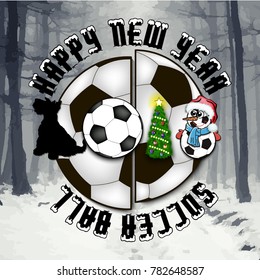Happy new year 2018 and soccer ball with Christmas tree, dog and snowman. Vector illustration