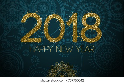 Happy new year 2018 in sparkling glitter on a green background.  Greeting card, eps10 vector