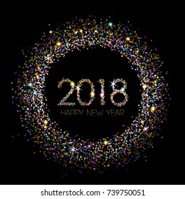 Happy new year 2018 in sparkling glitter on a black background.  Greeting card, eps10 vector