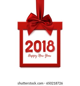 Happy New Year 2018, square banner in form of Christmas gift with red ribbon and bow, isolated on winte background. Greeting card, brochure or banner template. Vector illustration.