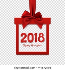 Happy New Year 2018, square banner in form of Christmas gift with red ribbon and bow. Greeting card, brochure or banner template. Vector illustration.