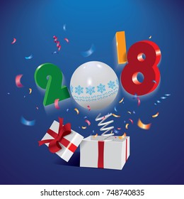 Happy New Year 2018, surprising box with a text and colorful confetti jumping out like a jack in the box isolated on the blue background. Vector illustration.