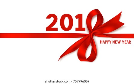 Happy New Year 2018 template design. Vector background with red bow and ribbon. Winter holiday decoration