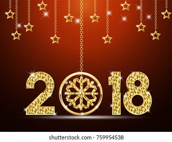 Happy new year 2018. Template design. With inspiration from snowflake. gold color Vector illustration. 