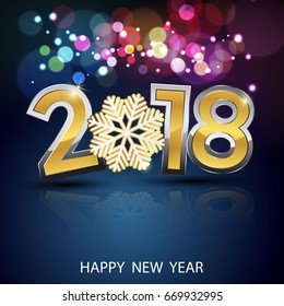 Happy New Year 2018 text design. Vector greeting illustration with golden numbers and snowflake bokeh colorful