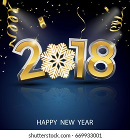 Happy New Year 2018 text design. Vector greeting illustration with golden numbers and snowflake